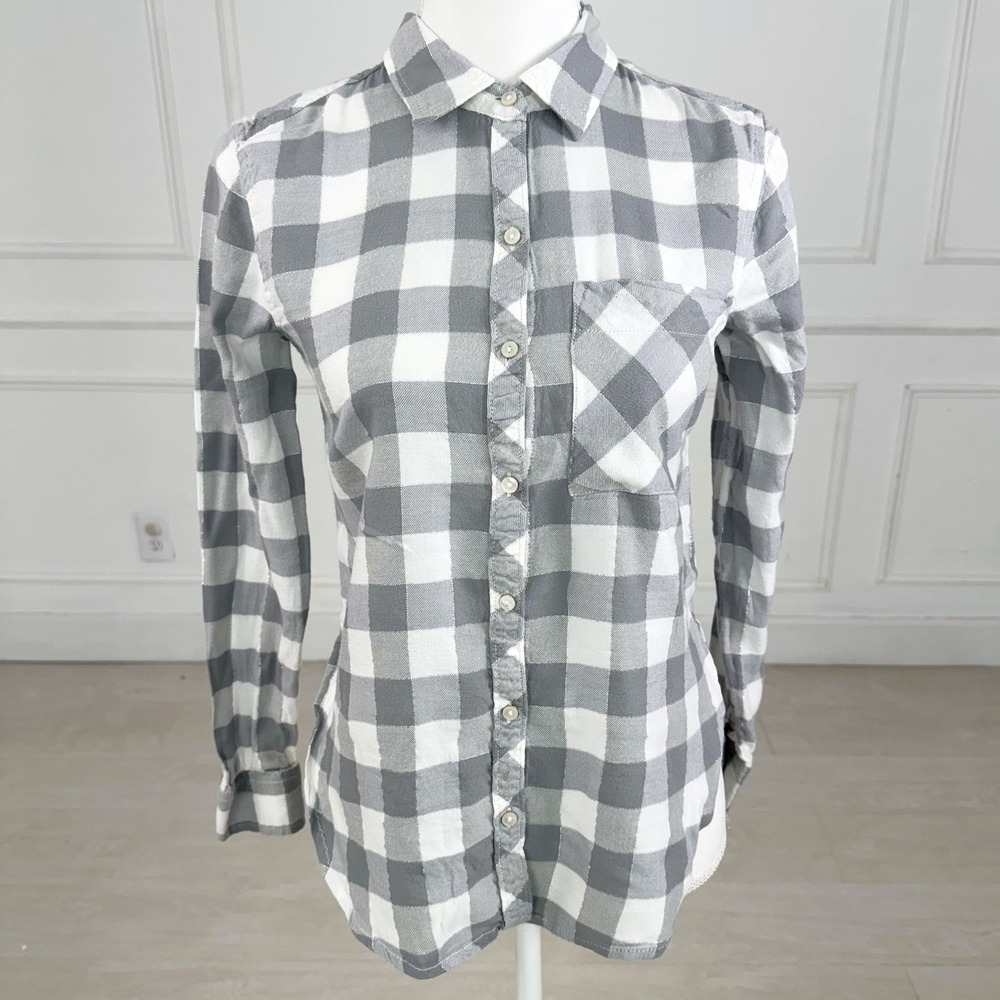 Aerie Plaid Button‎ Down Shirt Womens XS Grey White Metallic Silver Gingham Top